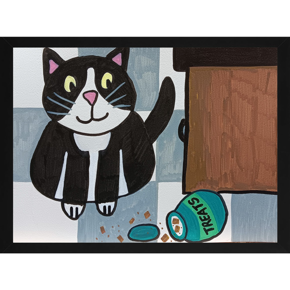Tuxedo Cat Cute Playful Acrylic Markers Painting on Watercolor Paper 9 x 12" - Picture 1 of 2